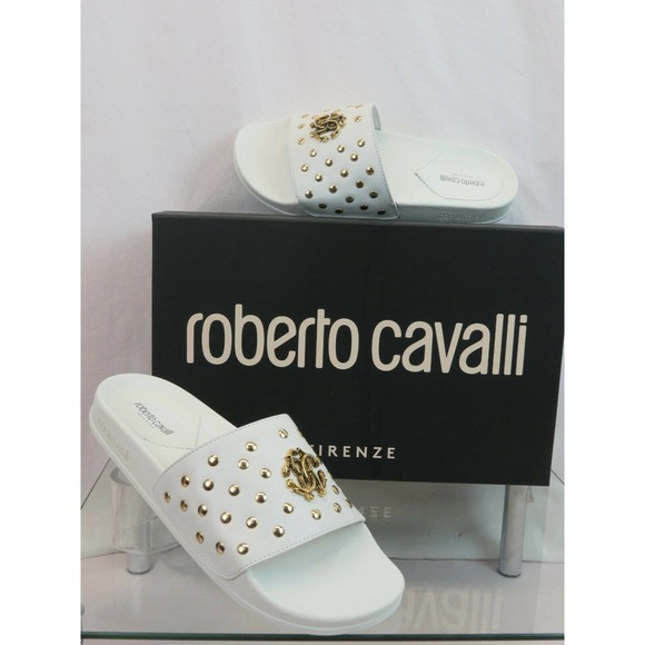 ROBERTO CAVALLI WHITE LEATHER SNAKE MEDALLION LOGO STUD SANDAL 44.5 / 11.5 ITALY - Picture 1 of 8
